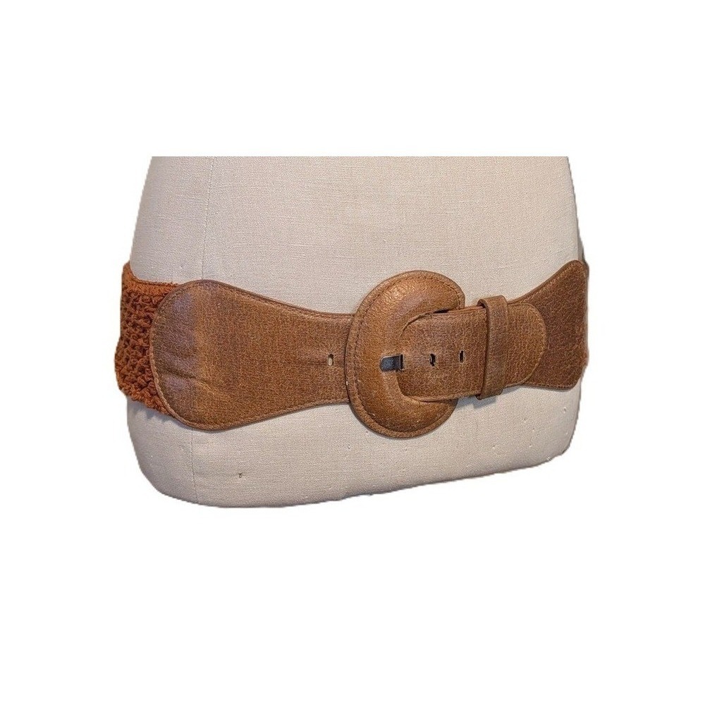 Brown Knit Weave Chunky Buckle Belt Boho Wide Waist Faux Leather 33" Stretch